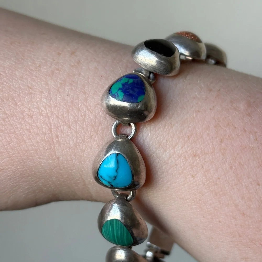 Vintage Taxco Sterling Silver 925 Mexico Multi Color Stone Link Bracelet